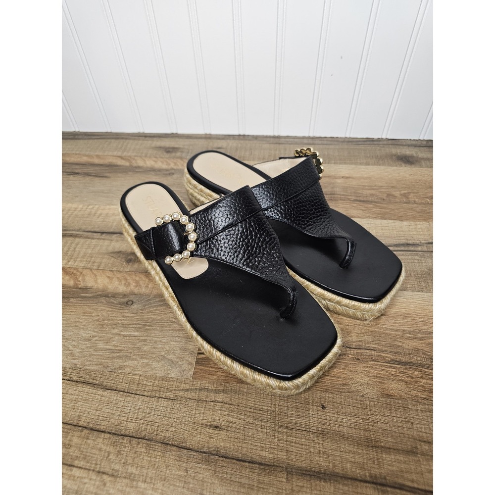 STUART WEITZMAN Black Leather Wedge Espadrilles Thong Sandals Faux Pearl Size 8B